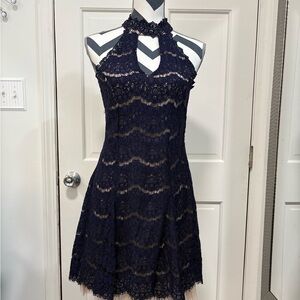 Francesca's Lace Mini Dress Blue Halter Tulle‎ Keyhole Formal Kentucky Derby